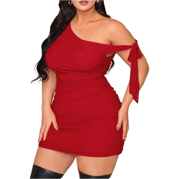 Plus Size Women's One Shoulder Mini Dress Ruched Bodycon Cocktail - Picture 1 of 7